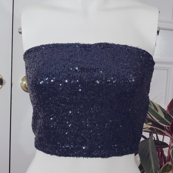Vintage Sequin Indigo Blue Stretch Sequin Tube Top - Picture 9 of 10